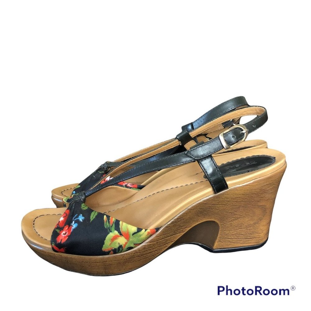 Dansko Naomi Satin Black Floral Print Wooden Wedge Sandal Clogs Women's 40 EU